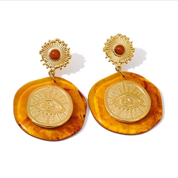 Statement Resin & Gold Sunburst Eye Earrings – Stainless Steel - Picture 1 of 7